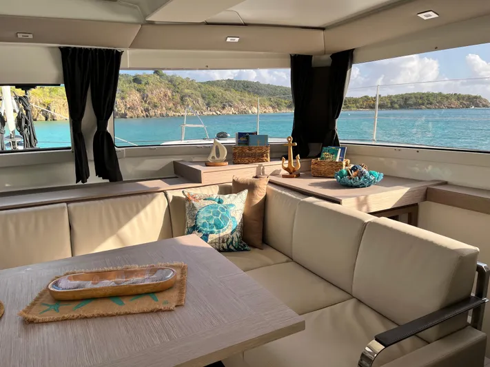 Family Therapy Yacht Photos Pics Interior of 2023 Fountaine Pajot Elba 45 yacht with ocean view and elegant seating area.