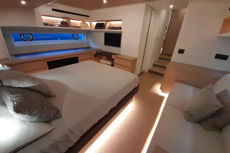  Yacht Photos Pics Luxurious interior of 2023 Pardo Yachts E60, featuring elegant bedroom design and modern amenities.