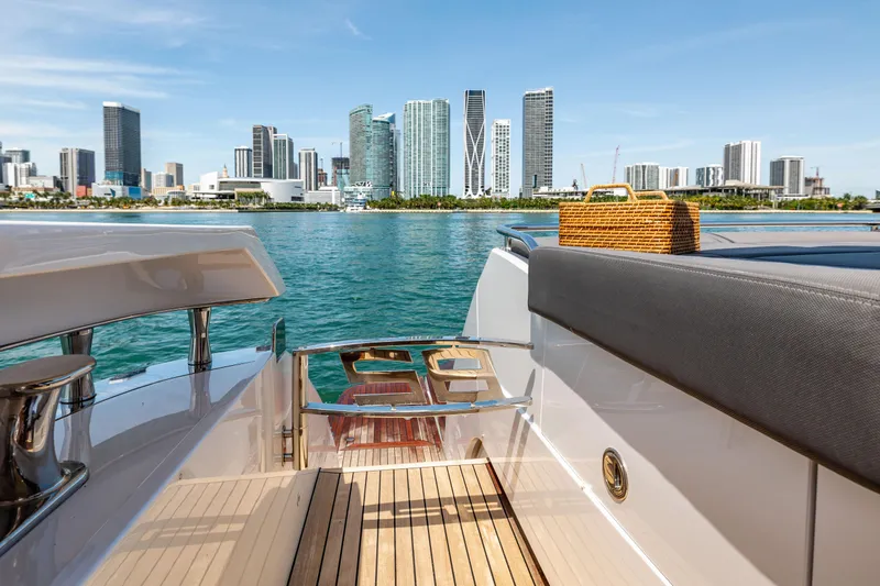 Double Or Nothing Yacht Photos Pics View from the deck of a 2017 Pershing 82 VHP yacht with city skyline.