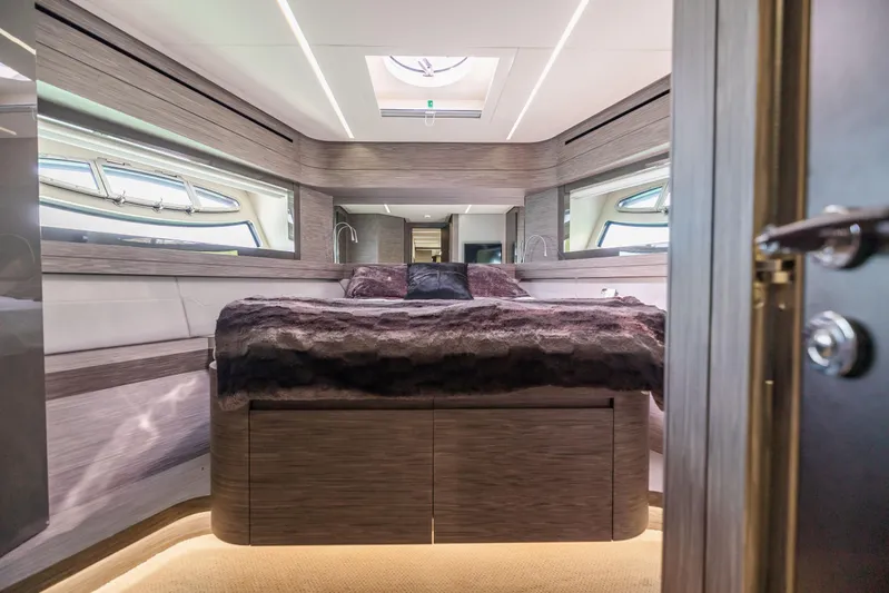 Double Or Nothing Yacht Photos Pics Luxurious bedroom interior of 2017 Pershing 82 VHP yacht with modern design.