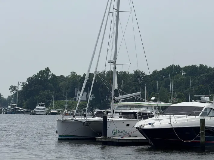 Two Fish Yacht Photos Pics Sailboats docked at a marina, featuring a 2021 Antares 44GS.