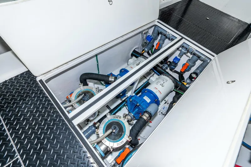 Zatara Yacht Photos Pics Engine room of 2025 Viking 90 Convertible yacht, showcasing advanced mechanical systems.