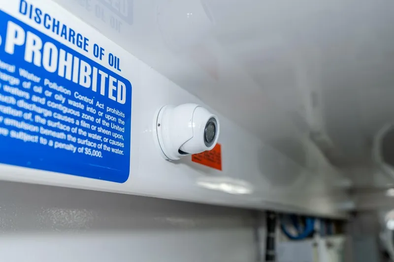 Zatara Yacht Photos Pics Viking 90 Convertible 2025 boat interior with oil discharge prohibition sign and camera.