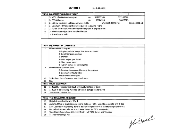  Yacht Photos Pics Exhibit document detailing equipment for 2026 Trinity Yachts Custom T052, including engines and technical data.