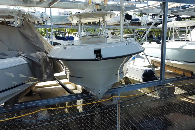  Yacht Photos Pics 2008 Hydra-Sports Vector 2900 CC boat stored in a marina rack.