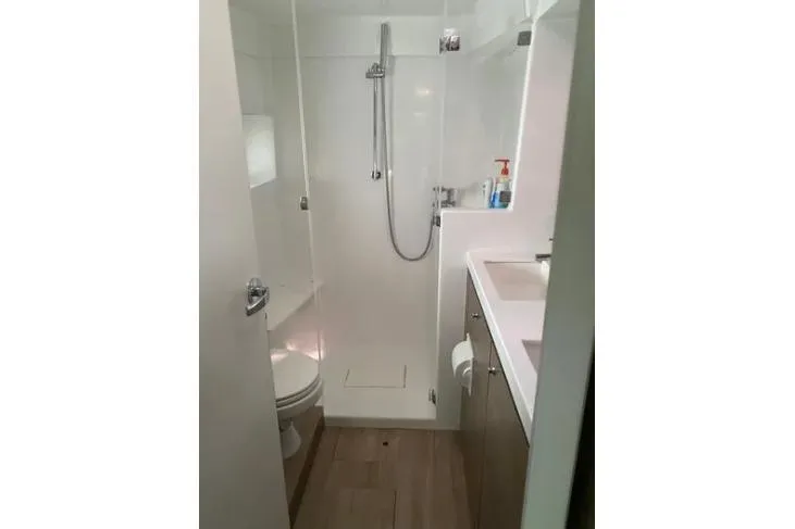 Nauti Habit Yacht Photos Pics Modern bathroom in 2023 Bali 4.2 model yacht with shower and sink.