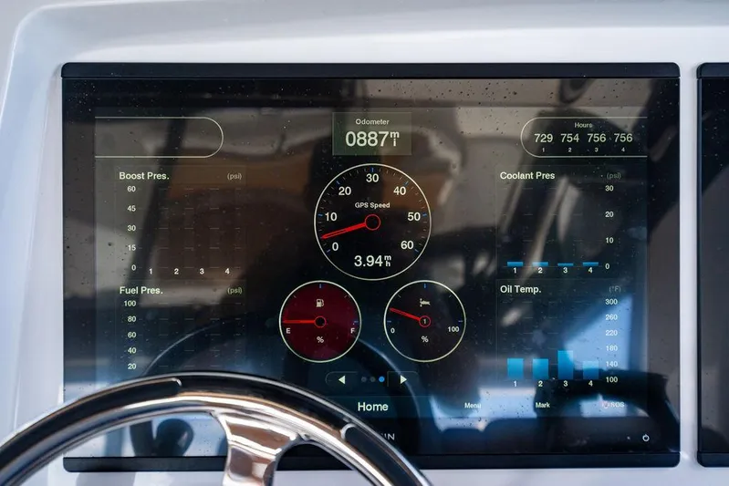  Yacht Photos Pics Dashboard of 2021 Intrepid 477 Evolution showing speed, odometer, and engine metrics.