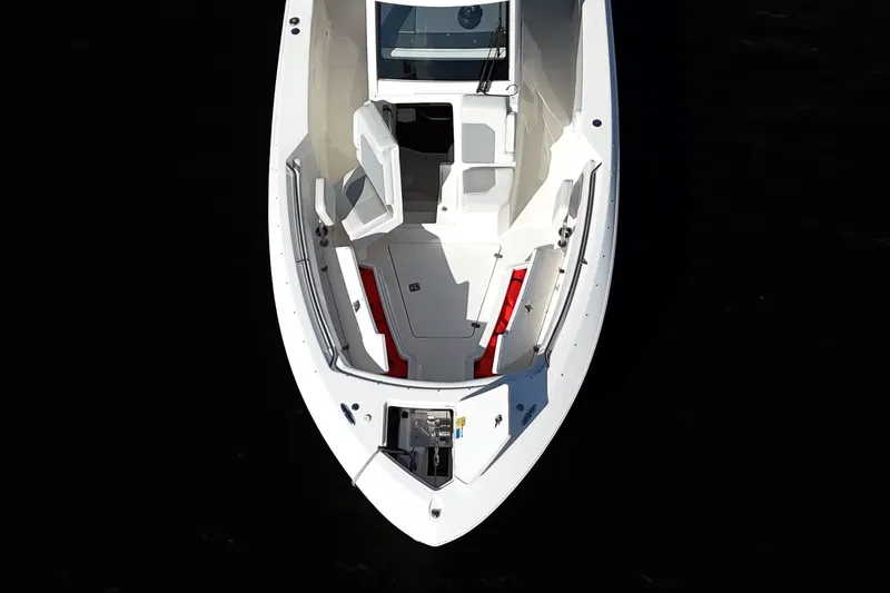  Yacht Photos Pics Overhead view of 2022 Pursuit S 288 Sport boat, showcasing sleek design and spacious seating.