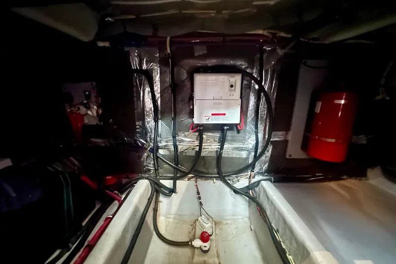  Yacht Photos Pics Engine room of 2005 Meridian 459 Motoryacht with wiring and equipment.