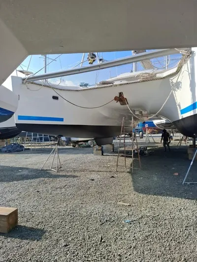  Yacht Photos Pics 2015 Fountaine Pajot SABA 50 catamaran on dry dock for maintenance.