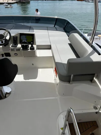  Yacht Photos Pics Flybridge of 2025 Absolute NAVETTA 48 yacht with modern seating and navigation equipment.