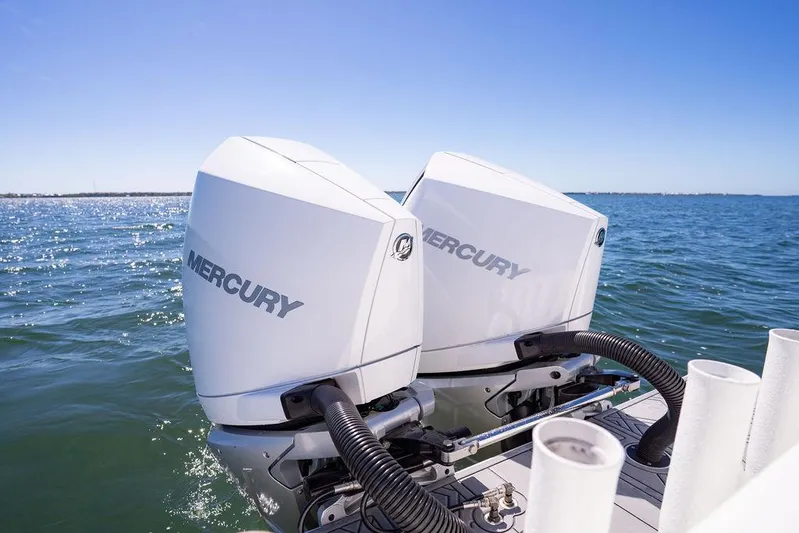Showgirl Yacht Photos Pics Twin Mercury outboard engines on 2023 Reef Runner 340 Center Console boat.
