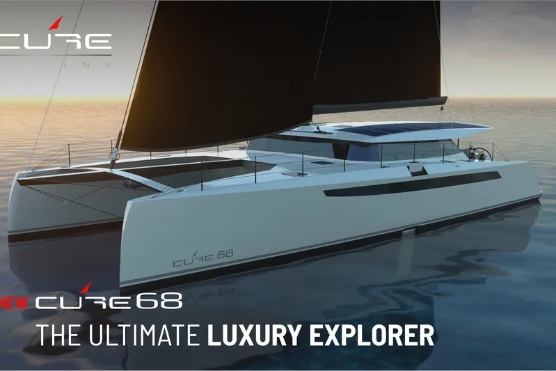  Yacht Photos Pics Luxury catamaran Cure Marine Cure 68, 2025 model, sailing at sunset.