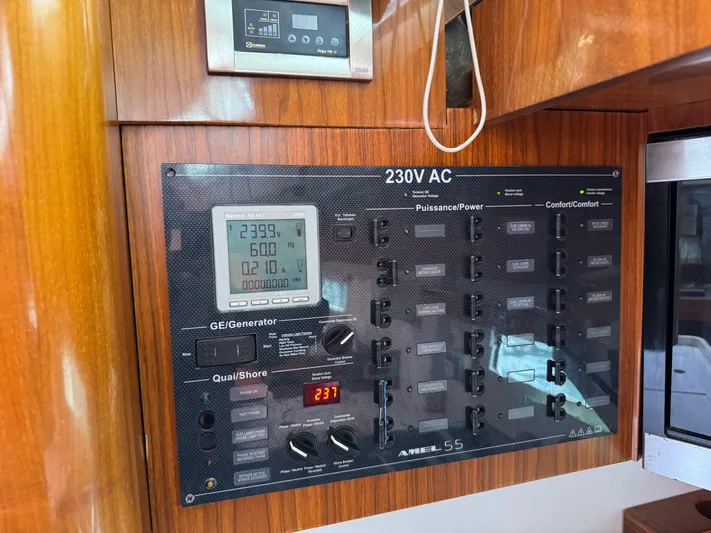 Marina Yacht Photos Pics Electrical control panel on a 2012 Amel 55 yacht, featuring 230V AC system.