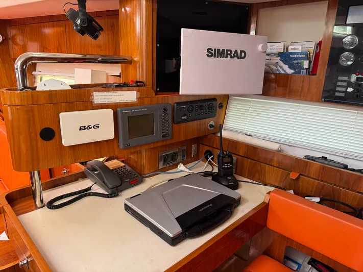 Marina Yacht Photos Pics Navigation station on a 2012 Amel 55 yacht with Simrad and B&G equipment.
