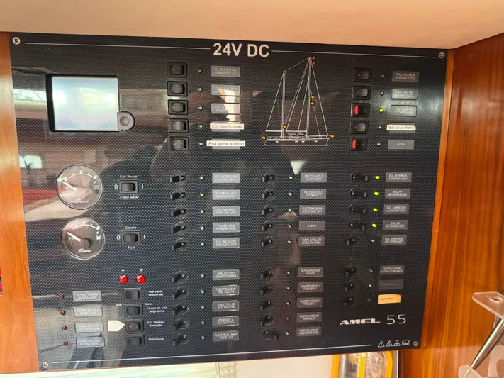 Marina Yacht Photos Pics Electrical control panel of a 2012 Amel 55 yacht, featuring 24V DC system.