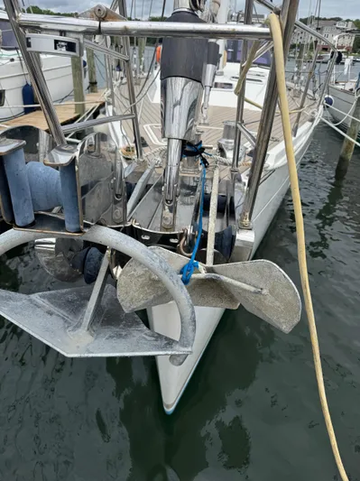 Marina Yacht Photos Pics Bow of 2012 Amel 55 yacht with dual anchors at marina.