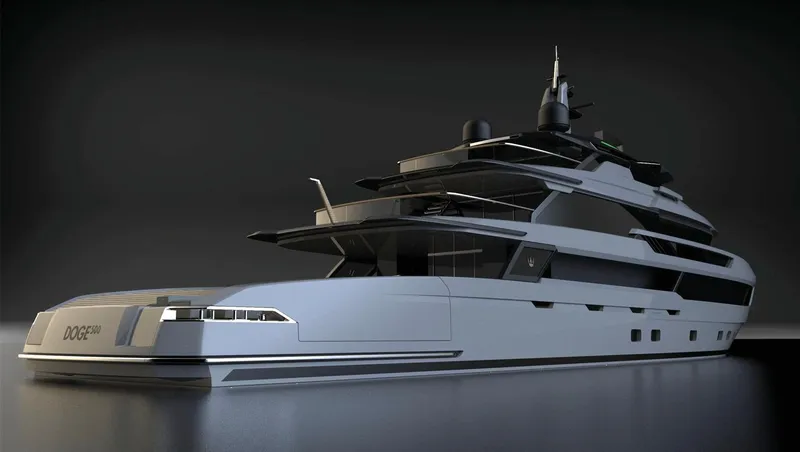 Doge 500 Yacht Photos Pics Futuristic Ocean King DOGE 500 yacht, 2028 model, sleek design, dark background.