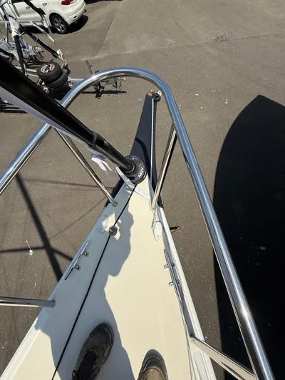 Evelyn Yacht Photos Pics 2022 J Boats J/9 sailboat bow with stainless steel railing and deck view.