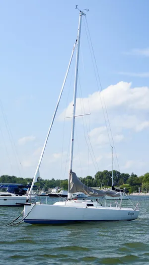 Evelyn Yacht Photos Pics 2022 J Boats J/9 sailboat on calm water under a clear blue sky.