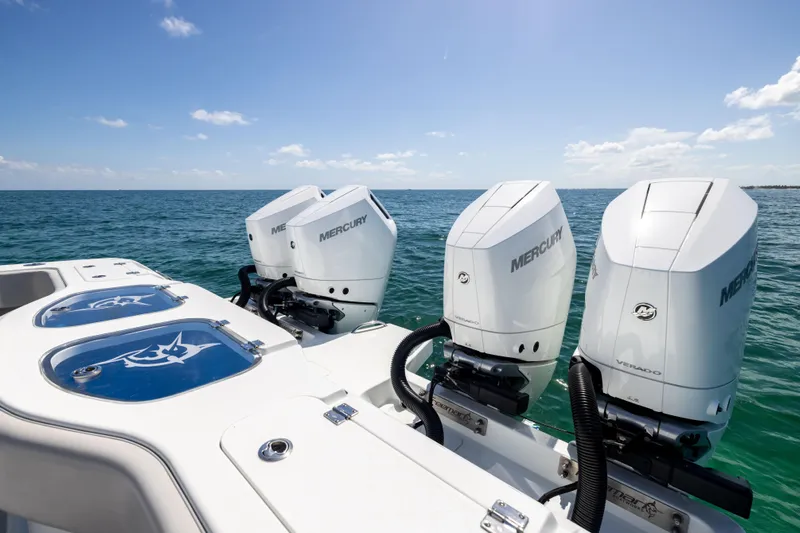  Yacht Photos Pics 2024 Freeman 43 boat with Mercury Verado engines on open sea.