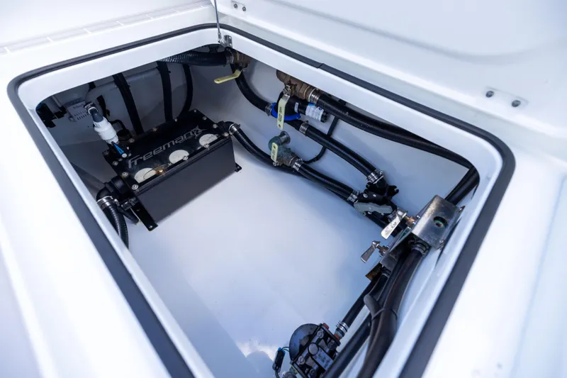  Yacht Photos Pics 2024 Freeman 43 boat compartment with advanced plumbing and wiring system.