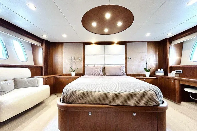Elentari Yacht Photos Pics Luxurious interior of 2009 Sunseeker Predator 72 yacht with elegant wood finishes and modern design.