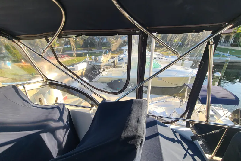 Breakaway Yacht Photos Pics Interior view of a 2000 Grand Banks 46 Classic yacht at a marina.