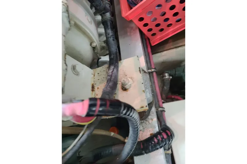 Breakaway Yacht Photos Pics Engine compartment of a 2000 Grand Banks 46 Classic boat, showing wiring and components.