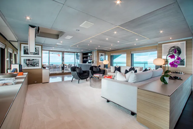 Emina Yacht Photos Pics Luxurious interior of 2014 Benetti Veloce 140 yacht with modern decor and ocean views.