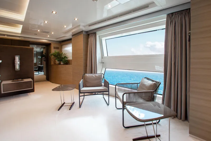 Emina Yacht Photos Pics Luxurious interior of 2014 Benetti Veloce 140 yacht with ocean view.