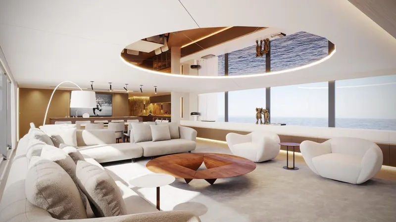  Yacht Photos Pics Luxurious interior of 2028 Inace Explora 131 yacht with modern furnishings and ocean views.