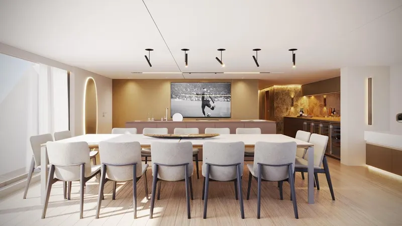  Yacht Photos Pics Luxurious dining area on Inace Explora 131 yacht, featuring modern decor and elegant lighting, 2028 model.