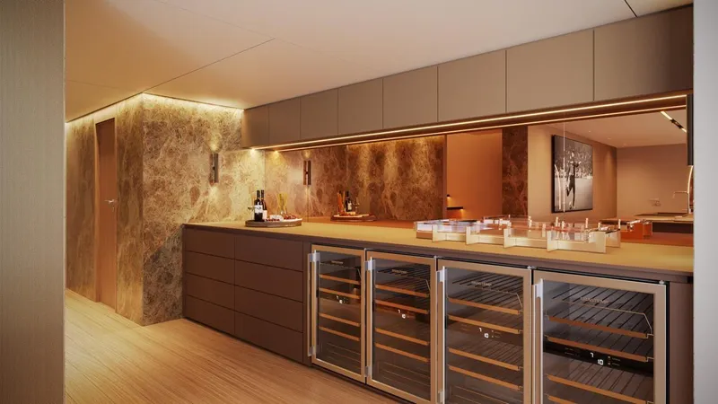  Yacht Photos Pics Luxurious interior of 2028 Inace Explora 131 yacht with modern kitchen and wine coolers.