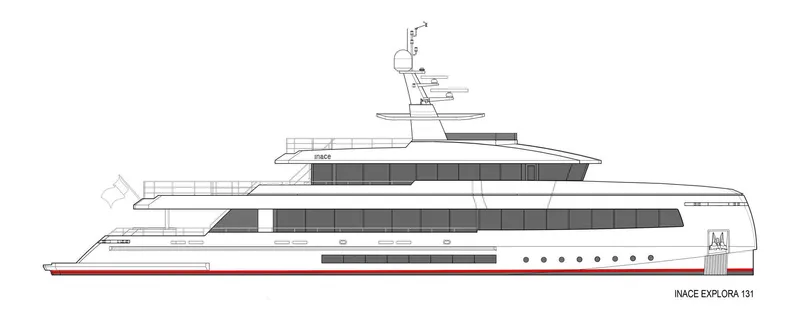  Yacht Photos Pics Side view of 2028 Inace Explora 131 yacht, showcasing sleek design and modern features.