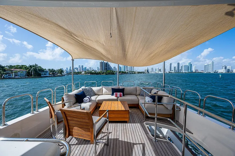 The Usual Yacht Photos Pics Luxurious Horizon 82 yacht deck with seating, overlooking city skyline and ocean.