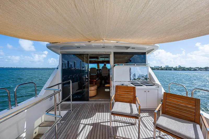 The Usual Yacht Photos Pics Luxurious Horizon 82 yacht deck with seating, ocean view, and canopy, year 2000 model.
