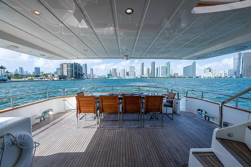 The Usual Yacht Photos Pics Luxurious Horizon 82 yacht deck with city skyline view, 2000 model.