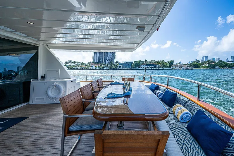 The Usual Yacht Photos Pics Luxurious Horizon 82 yacht deck with dining area, overlooking scenic waterfront cityscape.