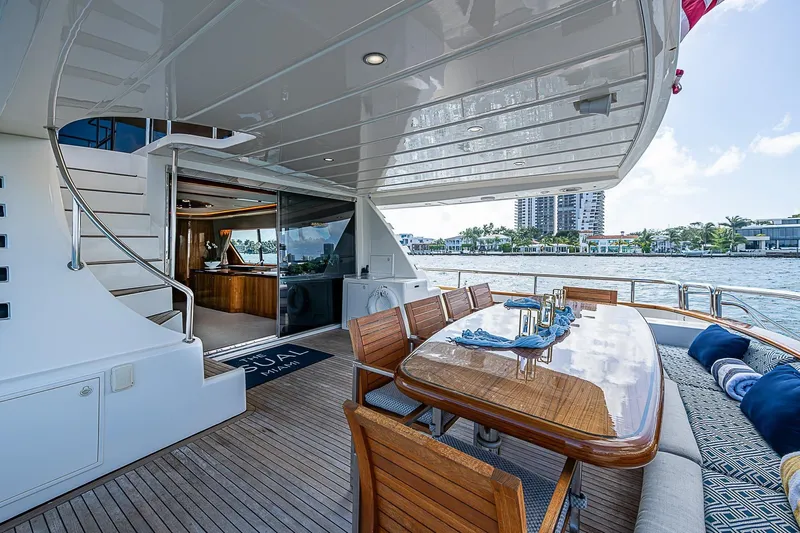 The Usual Yacht Photos Pics Luxurious Horizon 82 yacht deck with dining area, overlooking waterfront cityscape, 2000 model.