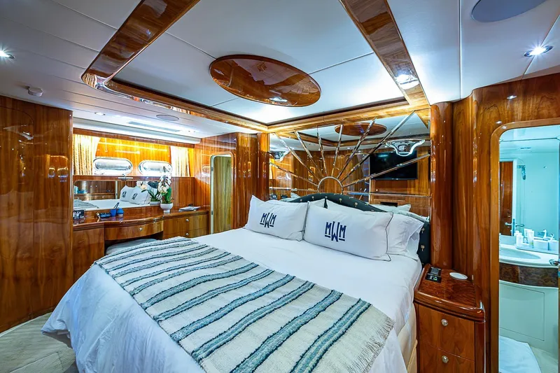 The Usual Yacht Photos Pics Luxurious bedroom interior on 2000 Horizon 82 yacht with elegant wood finishes and plush bedding.