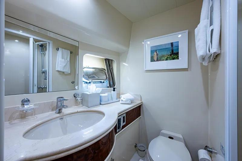 The Usual Yacht Photos Pics Luxurious bathroom on 2000 Horizon 82 yacht with elegant fixtures and modern design.