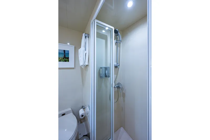 The Usual Yacht Photos Pics Compact bathroom with shower in 2000 Horizon 82 yacht, featuring modern fixtures and artwork.