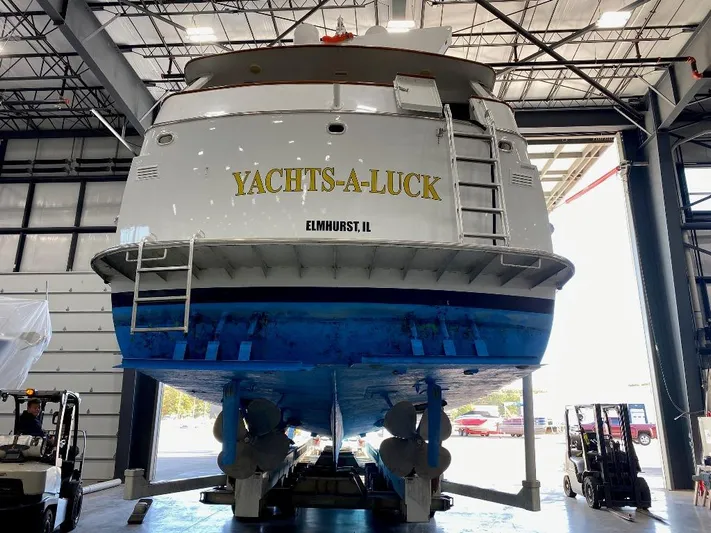  Yacht Photos Pics 1988 Burger 80 Motor Yacht in a warehouse, named "Yachts-A-Luck," Elmhurst, IL.