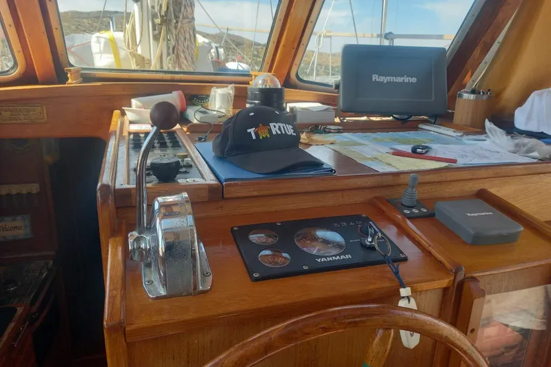  Yacht Photos Pics 1994 Siltala Nauticat 38 yacht cockpit with navigation equipment and controls.