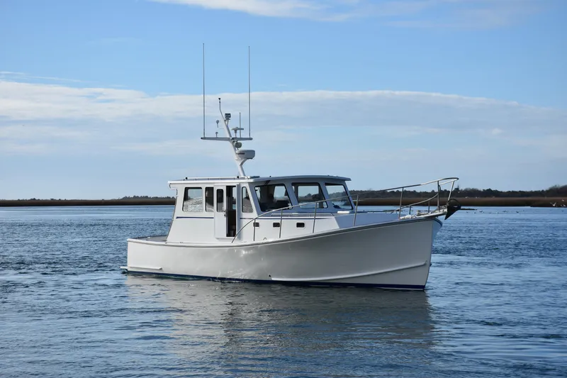 Tomahawk Yacht Photos Pics 2011 Flowers Hardtop boat on calm water under blue sky.