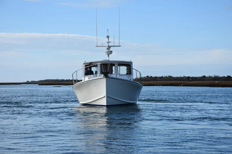 Tomahawk Yacht Photos Pics White Flowers Hardtop boat on calm water, 2011 model.