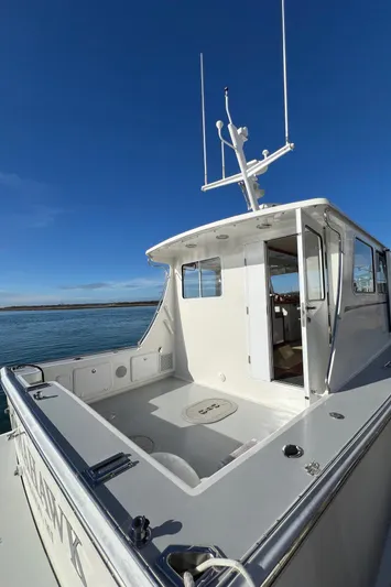 Tomahawk Yacht Photos Pics 2011 Flowers Hardtop boat on calm water under clear blue sky.