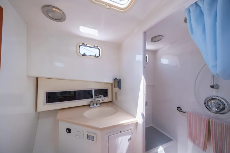Tomahawk Yacht Photos Pics Compact boat bathroom with sink, shower, and window; Flowers Hardtop 2011 model.