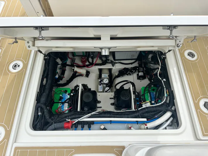  Yacht Photos Pics 2017 Boston Whaler 320 Vantage engine compartment with wiring.